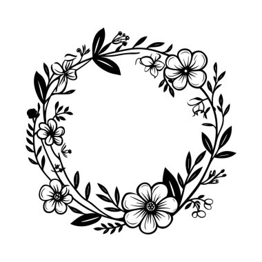 This elegant black and white floral wreath design features a variety of flowers and leaves, perfect for artistic and decorative projects.