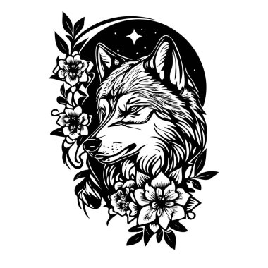 This captivating black and white illustration features a majestic wolf surrounded by beautiful flowers and stars, perfect for artistic projects.