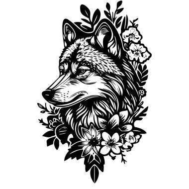 Capture the essence of nature with this striking black and white illustration of a wolf, beautifully adorned with floral elements and intricate designs.