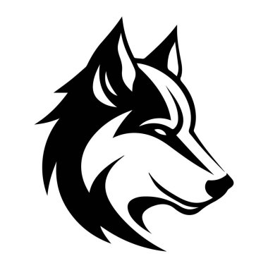 A striking black and white illustration of a wolf head, perfect for bold graphic designs, branding projects, and artistic endeavors.
