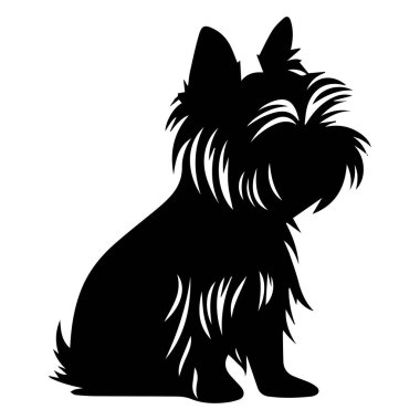 This black silhouette depicts a small dog with fluffy fur and pointy ears, perfect for pet-themed projects or design needs.