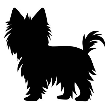 This graphic illustration features a striking silhouette of a small dog with fluffy fur and pointed ears, perfect for pet-themed projects.
