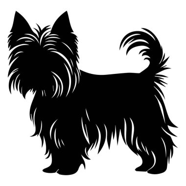 This artistic silhouette features a fluffy terrier dog standing in profile, showcasing its distinctive features against a clean white background.