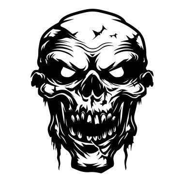 Striking black and white skull illustration showcasing intricate details and an eerie expression, perfect for horror-themed projects or designs.