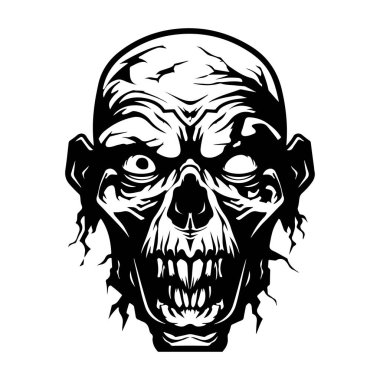 This striking zombie illustration features a haunting face with distorted features, perfect for Halloween or horror-themed projects, evoking fear.