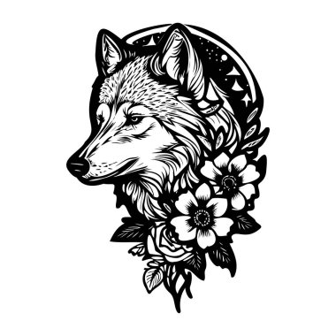 This detailed black and white illustration of a wolf blends floral elements and celestial motifs, perfect for artistic projects and decor.