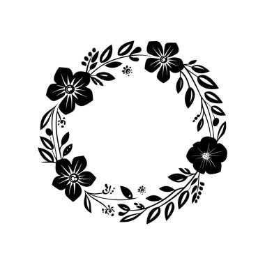 This elegant floral wreath design features intricate leaves and beautiful flowers in a monochrome palette, perfect for decoration and artistic projects.