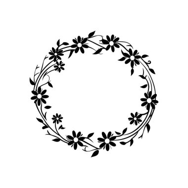 This elegant black and white floral wreath design features a delicate arrangement of flowers and leaves, perfect for creative projects or decorations.