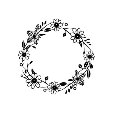 This elegant floral wreath design features delicate flowers and leaves in a black and white style, ideal for various creative projects and decoration.