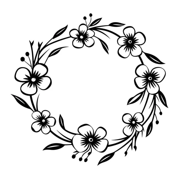 This elegant black and white floral wreath design features delicate flowers and leaves, perfect for decoration, invitations, and creative projects.