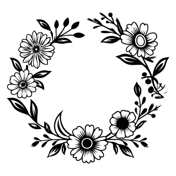 This elegant black and white floral wreath design features intricate details of flowers and leaves, ideal for crafts, invitations, or decor.