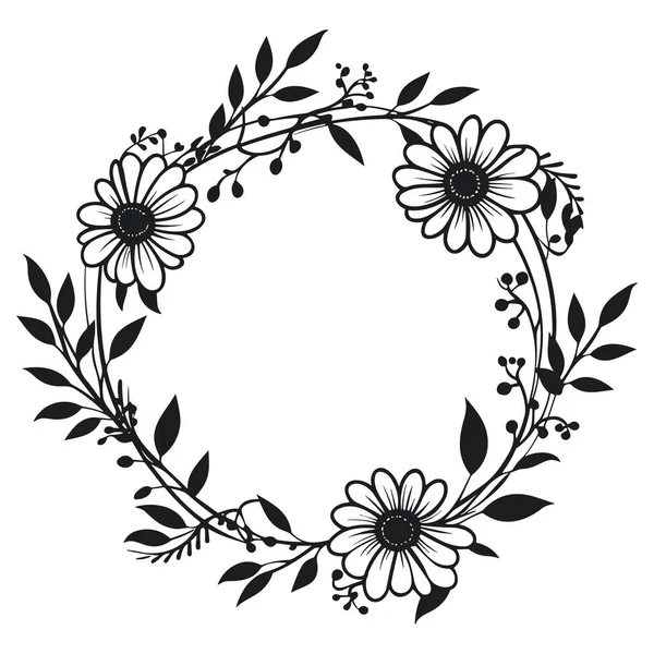 This elegant black and white floral wreath design showcases intricate daisies and leaves, perfect for artistic projects and decorative themes.