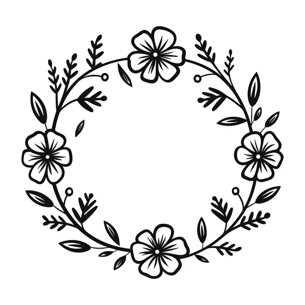 A refined outline of an elegant floral wreath featuring delicate flowers and leaves, perfect for artistic and decorative projects.