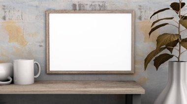 Model ahşap çerçeve, yatay beyaz fotoğraf vintage odada, 3D görüntüleme