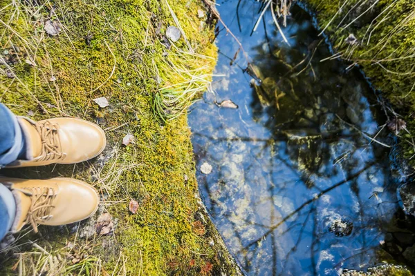Μπότες που στέκεται πάνω σε πράσινα βρύα — Φωτογραφία Αρχείου
