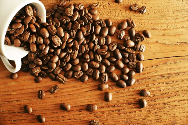 Taça branca com grãos de café torrados — Fotografia de Stock