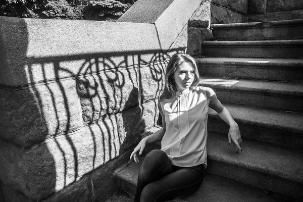 Young Teenage Model Girl Posing Stoned Stairs — Stock Photo, Image