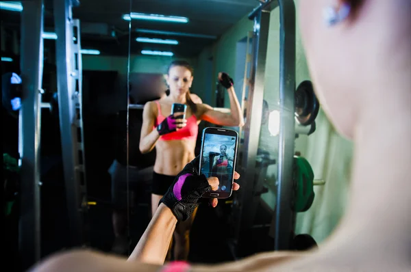 Portrait Young Adult Woman Smartphone Taking Selfie Gym Sport Fitness — Stock Photo, Image