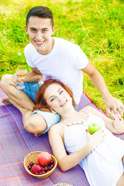 成人年轻快乐夫妇的肖像庆祝与香槟野餐 — 图库照片
