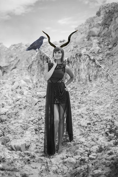 Kara Şeytan Kadın Kanatlı Düşmüş Peri — Stok fotoğraf