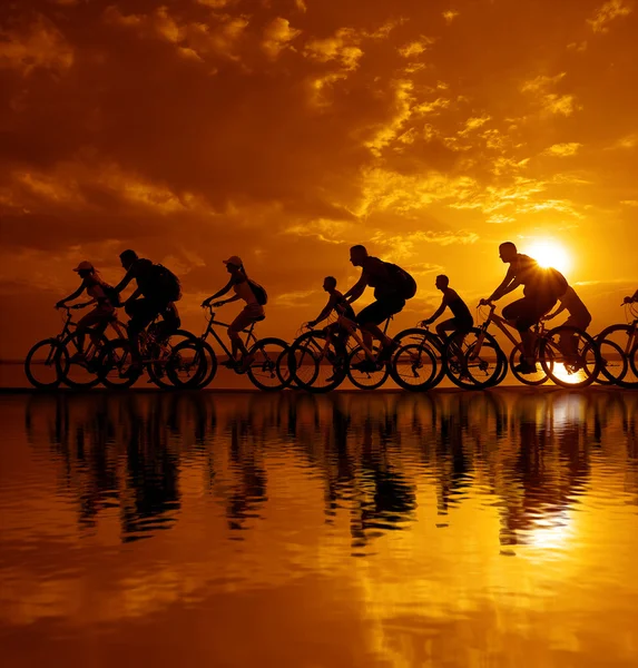 Company of friends on bicycles outdoors — Stock Photo, Image