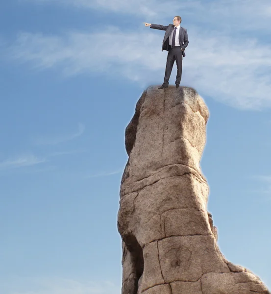 Homme Affaires Pointant Doigt Contre Ciel Bleu Avec Nuage — Photo