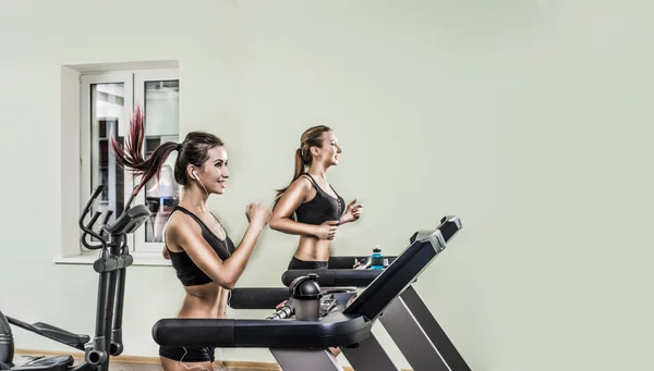 Spor Salonunda Koşu Bandı Üzerinde Çalışan Iki Genç Sportif Kadın — Stok fotoğraf