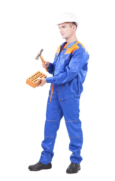 Ganzkörperporträt Des Baumeisters Blauer Uniform Mit Hammer Und Rotem Ziegel — Stockfoto