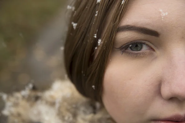 特写照片 年轻的成年女孩与雪花在长黑睫毛 — 图库照片