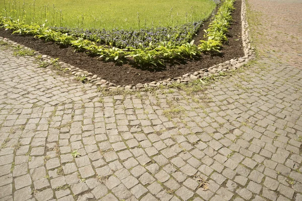 Concrete paving slab near land with grass — Stock Photo, Image