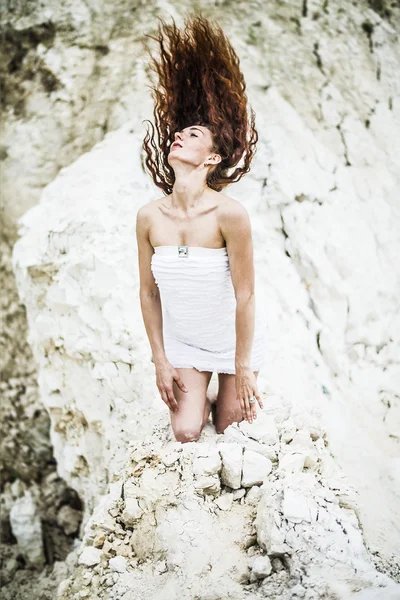 Woman Having Fun Flying Curly Hair — Stock Photo, Image