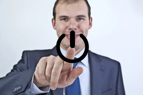 Konzentration Auf Den Finger Unternehmen Drückt Power Taste — Stockfoto