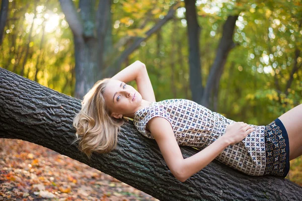 女孩躺在一棵倒下的树树干 — 图库照片