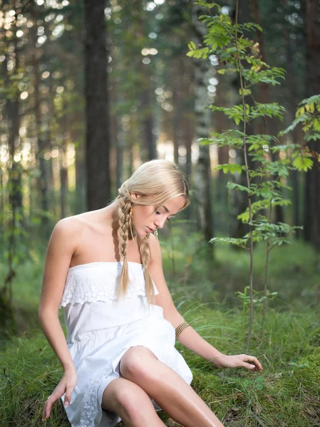 Vacker Ung Vuxen Romantisk Kvinna Vit Klänning Sommaren Gröna Skogen — Stockfoto