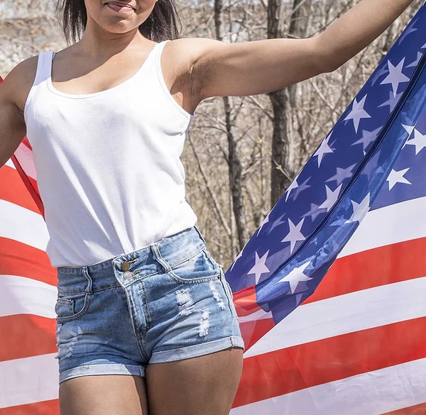 Girl holding  american flag smiling — Stock Photo, Image