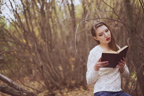 Woman Long Wet Hair Autumn Forest Reading Big Book — Stock Photo, Image