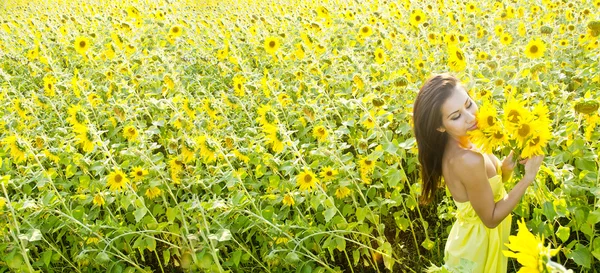 Jeune femme posant dans les tournesols — Photo