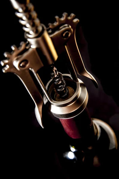 Bottle of wine with a corkscrew — Stock Photo, Image