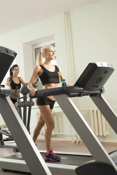 Jóvenes Mujeres Deportivas Corriendo Las Cintas Correr Gimnasio —  Fotos de Stock