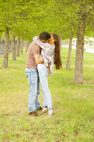 Atractiva Pareja Pie Sobre Hierba Verde Fresca Besar Abrazar — Foto de Stock