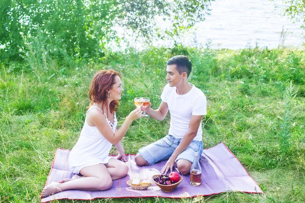 Retrato Jovem Casal Caucasiano Adulto Com Copos Vinho Piquenique — Fotografia de Stock