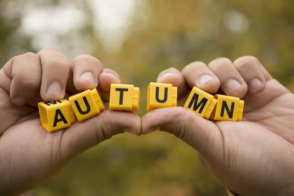 Männliche Hände halten Wort Herbst — Stockfoto