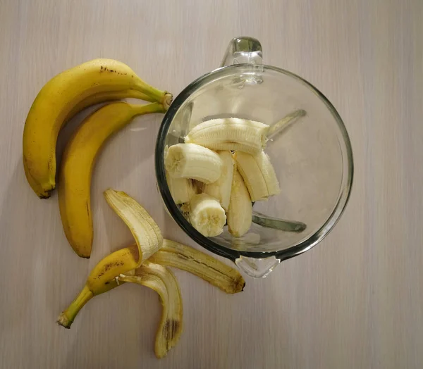 Куча Бананов Блендер Приготовление Смузи Вид Сверху Концепция Здорового Питания — стоковое фото