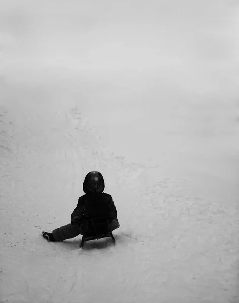 Enfant Sur Traîneau Hiver Vue Arrière — Photo