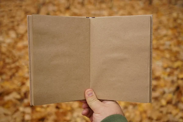 Man Met Open Boek Herfst Park Achtergrond Ambachtelijk Papier — Stockfoto