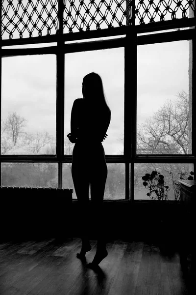 Silhouette Ragazza Piedi Vicino Alla Finestra Ritratto Bella Femmina Comfort — Foto Stock