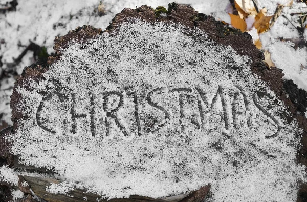 Письменное Слово Рождество Снежном Пне Новогодняя Концепция Счастливого Рождества — стоковое фото
