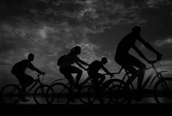 Empty Space Sporty Friends Bicycles Sunset Cyclists Riding Coast Sport — Stock Photo, Image