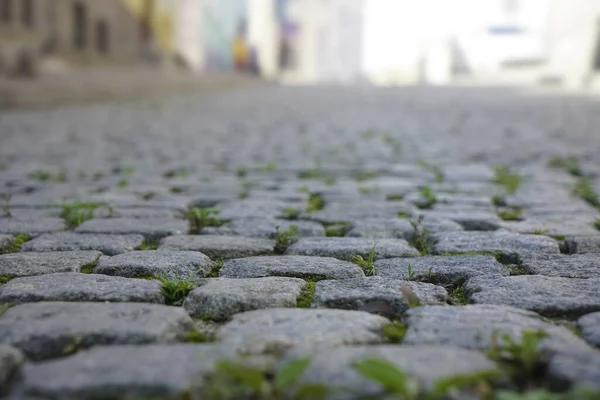 石と日光の舗装 古い通りの床舗装の背景 ヨーロッパのストリートタイルや人々が歩く 日没時の小石 ヨーロッパの家に対する石畳の石 — ストック写真
