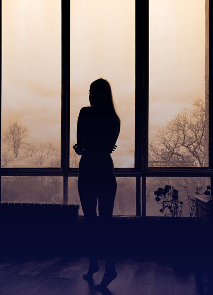 Silhouette of girl standing near window. Portrait of nice female. Home comfort.  Emotions and relax. 